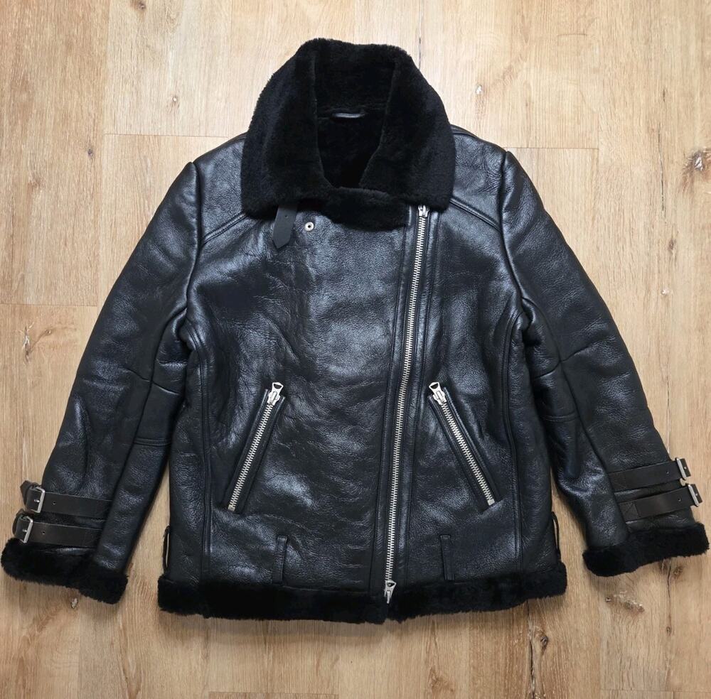 Women’s M Black 100% Genuine Sheepskin Shearling Leather Aviator Moto Jacket